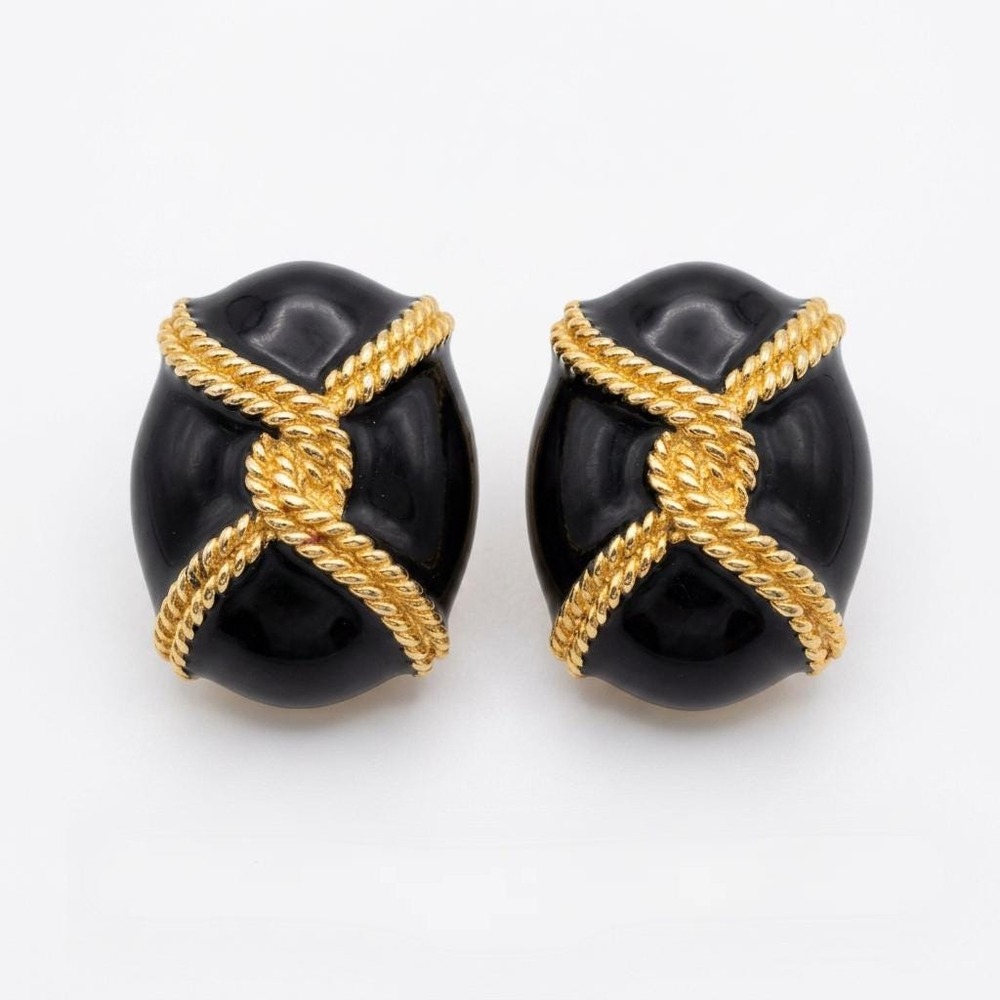 Vintage Ciner Nautical Rope Clip-On Earrings Signed Black Enamel Gold Tone